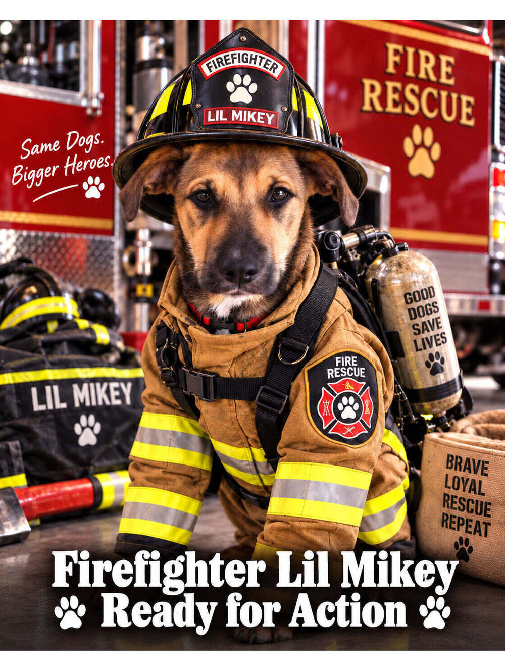 4855 Pet Pics Turn Your Dog Into a Firefighter –Ready to Go Custom 8x10 Print